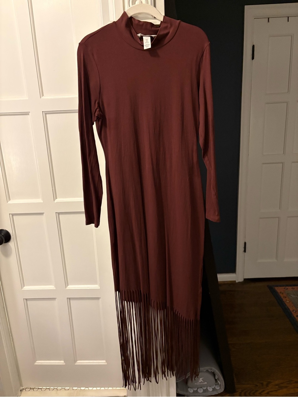 H&M Burgundy Long-Sleeve Fringe Maxi Dress
